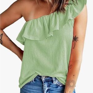 Green Ruffle One-Shoulder Top